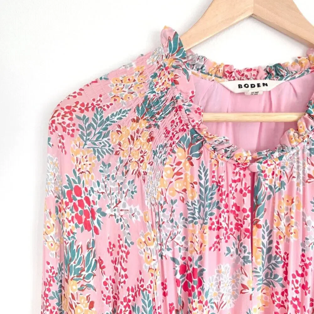 Boden Pink Floral Tiered Midi Dress Long Sleeve Viscose Belted Maxi Size 6R 6